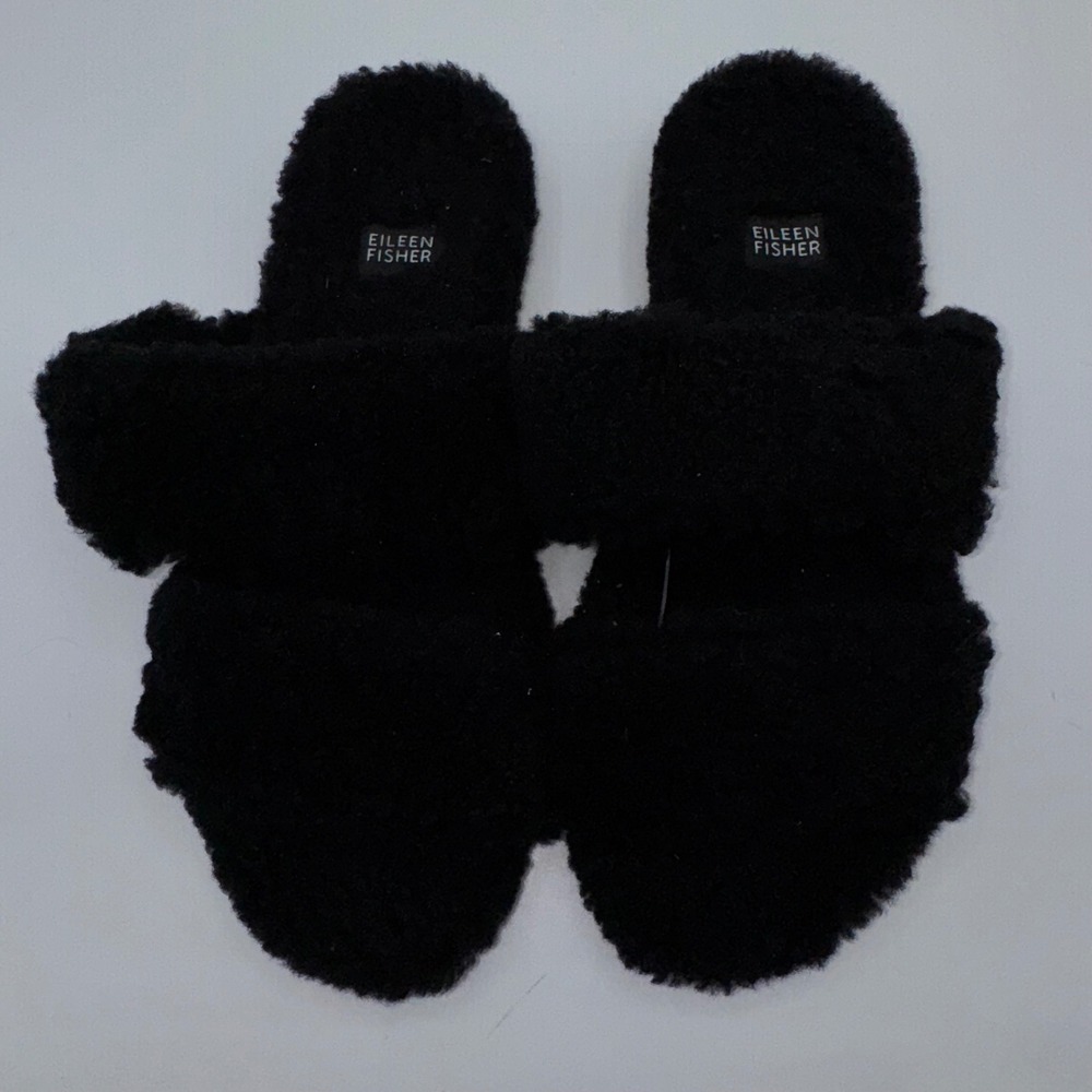 EILEEN FISHER Shoes Womens 7.5 Dello‎ Shearling Slide Sandal Black Lamb Fur Slip - Picture 6 of 13